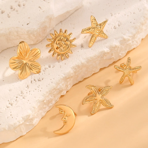 Bohemian Gold Starfish Sun Moon Flower Non Pierced Ear Cuffs Vintage Electroplated Alloy Ear Bone Clips Vacation Jewelry For Women