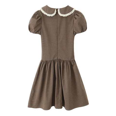 French Retro Plaid Mini Dress With Lace Peter Pan Collar Bow Tie Puff Sleeves Slim Fit Short Sleeve Polyester For Women