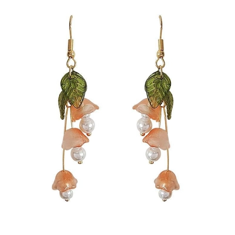 Maiglöckchen Lange Hängeohrringe Harzblume Grünes Blatt Imitationsperle Mit 925 Sterling Silber Ohrring Stecker
