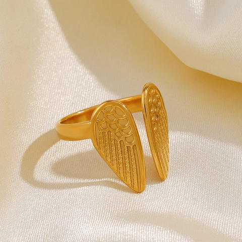 Anello Aperto Ala Di Angelo Vintage Per Donna Acciaio Inossidabile Placcato Oro 18K Texture Piuma Gioiello Regolabile