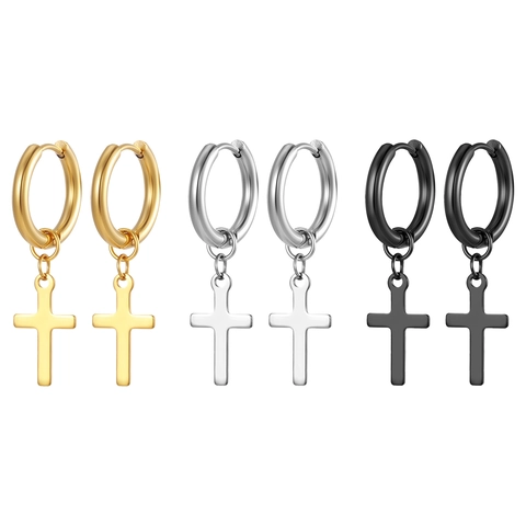 Orecchini a Cerchio Minimalisti in Acciaio Inossidabile con Pendente a Croce per Uomo Donna Unisex Stile Gothic Punk Oro Argento Nero Gioielli