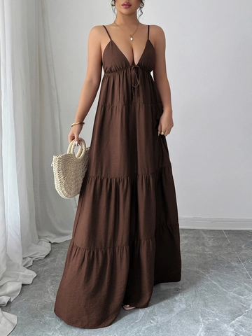 Women Elegant Deep V Neck Spaghetti Strap Tiered Maxi Dress Soft Viscose Blend Solid Color Casual Vacation Sleeveless Cake Dress