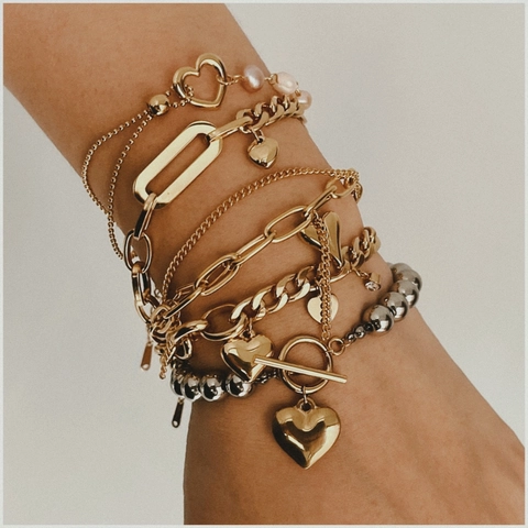 Stainless Steel Heart Pendant Toggle Clasp Faux Artificial Pearl Bracelet For Women Fashion Jewelry Non-Fading Gold Plated Accessory