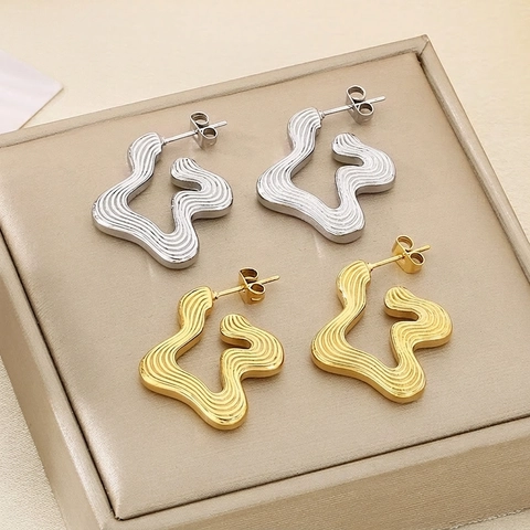 Irregular Wave Texture Stud Earrings 316L Stainless Steel Geometric Retro Minimalist Artistic Style Ear Jewelry For Women