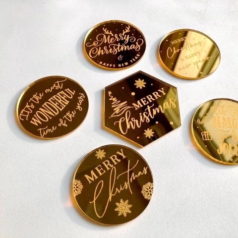 Weihnachts Kuchendeko Gold Spiegel Acryl Laser Graviert Frohe Weihnachten Feiertags Party Tischdekoration Elegante Ornamente