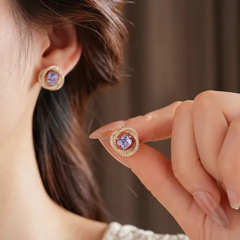 Purple Square Zircon Stud Earrings Gold Plated Copper Geometric With Silver Earring Post Light Luxury For Women