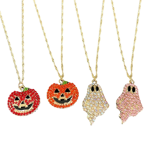 Halloween Pumpkin Ghost Pendant Necklace Alloy Rhinestone Sparkling Jewelry For Women Girls Party Accessories