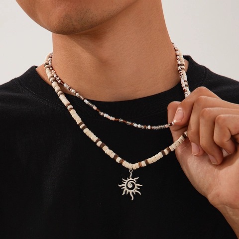 Men Layered Beaded Necklace Alloy Sun Pendant Coconut Shell Seed Beads Bohemian Style