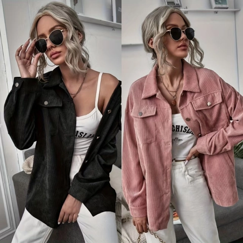 Giacca Camicia in Velluto a Coste da Donna Risvolto Monopetto Larga Casual Top a Maniche Lunghe Con Tasche Capispalla Vintage Tinta Unita