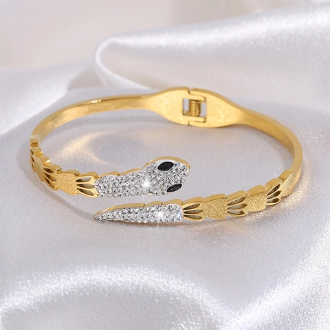 Snake Bangle Bracelet Titanium Steel Rhinestone Crystal Hinged Open Design Gold Plated Fashion Jewelry For Women