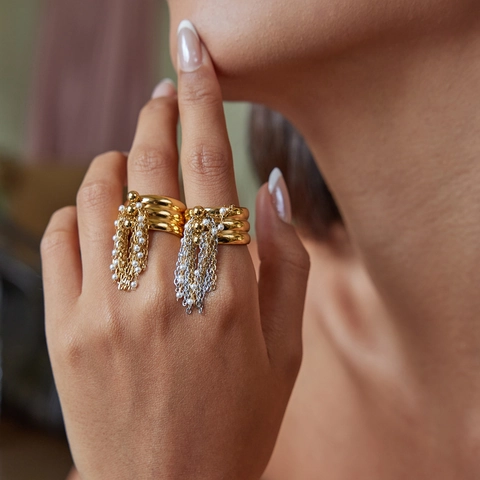 Mode Quaste Ring Edelstahl Kette Fransen Kunstperle Offen Verstellbar Schmuck Für Frauen Gold Silber Ton