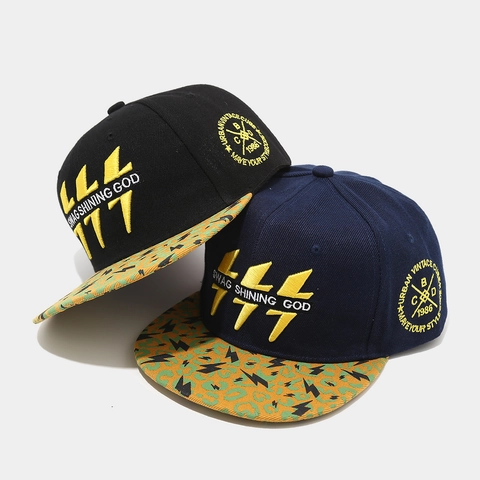 Snapback Hat Flat Brim Lightning Embroidery Cotton Acrylic Hip Hop Streetwear Adjustable Baseball Cap Unisex
