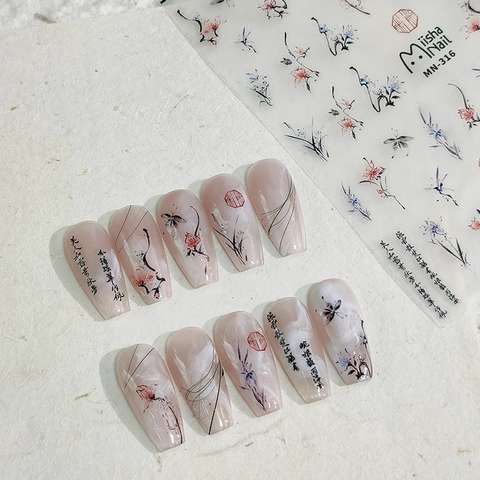 Chinese Style Ink Wash Flower Butterfly 3D Relief Nail Art Stickers Self Adhesive PET Matte Calligraphy Manicure Decor