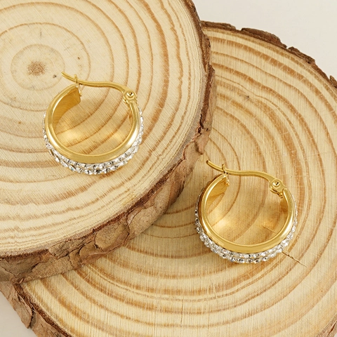 Orecchini A Cerchio Con Strass Placcati In Oro 18K Acciaio Inossidabile Doppia Fila Geometrici Rotondi Gioielli Donna