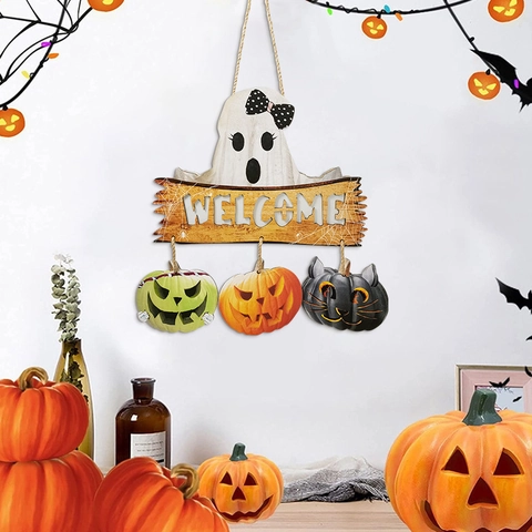 Halloween Willkommensschild Geist Und Kürbis LED Holz Hängedekoration Für Haustür Wand Gruselige Festliche Haus Ornament