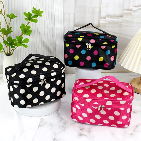 Portable Cosmetic Bag Satin Waterproof Large Capacity Travel Toiletry Organizer With Handle Heart Polka Dot Floral Pattern For Women