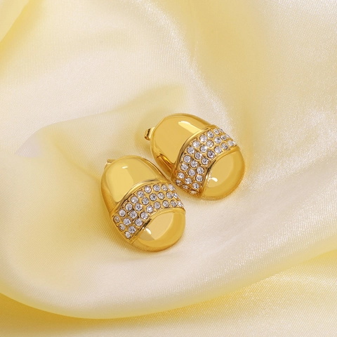 Stainless Steel Oval Stud Earrings 18K Gold Plated Cubic Zirconia Paved Acorn Shape Fashion Jewelry For Women