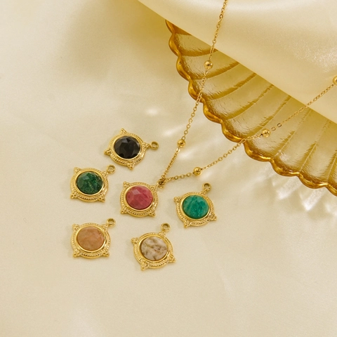 Franse Vintage 14K Vergulde Roestvrijstalen Natuursteen Hanger Ketting Elegante Geometrische Kralenketting Sieraden Voor Dames