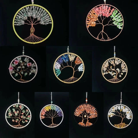 Tree Of Life Hanging Ornament Handmade Crystal Stone Copper Wire Wall Decor Nordic Style Healing Gemstone Dream Catcher