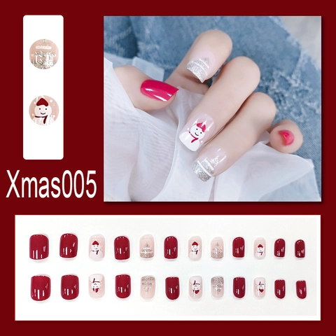 Kerst Kunstnagels Kort Vierkant Rond Sneeuwpop Glitter Kerstboom Rood Wit Zilver Valse Nagels Voor Feestdagen