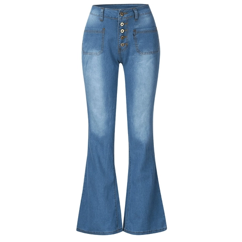 High Waisted Flare Jeans Women Denim Cotton Multi Button Fly Front Patch Pockets Vintage Slim Fit Long Bell Bottom Pants