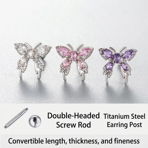 Butterfly Cartilage Stud Earrings Stainless Steel Post Copper Cubic Zirconia Marquise CZ Screw Back Ball For Women Girls