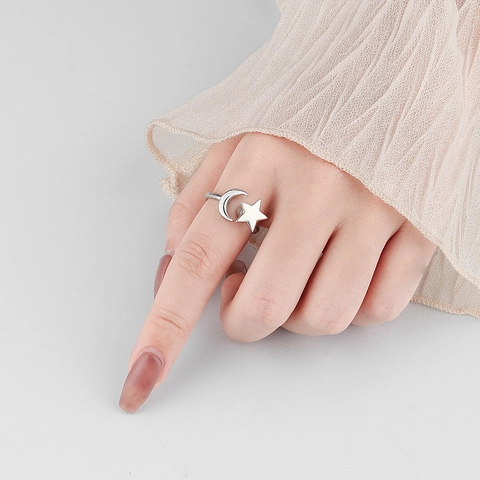 Rotierender Stern Und Mond Offener Ring Für Damen Verstellbarer Kupfer Galvanisierter Mode Sternenhimmel Fingerring Schmuck