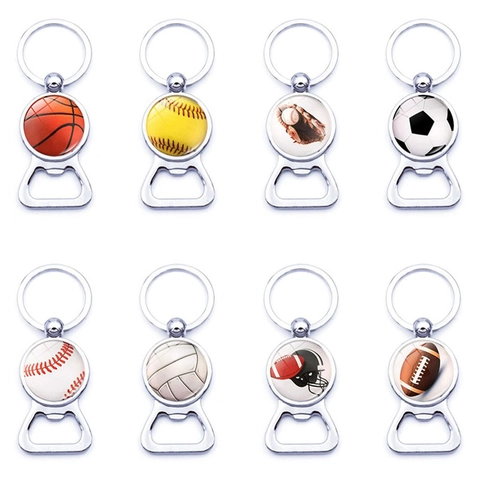 Creative Sports Ball Pattern Bottle Opener Keychain Zinc Alloy Glass Dome Key Ring For Football Basketball Lovers Gift