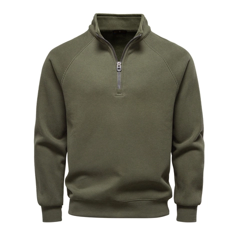 Men Sweatshirt Cotton Blend Ribbed Half Zip Stand Collar Fleece Lined Casual Warm Loose Fit Solid Color