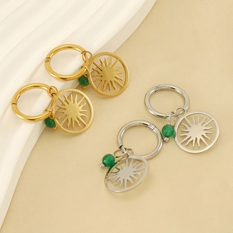 Pendientes De Aro De Acero Inoxidable Con Colgante De Sol Hueco Y Cuenta De Piedra Natural Verde Joyería Bohemia