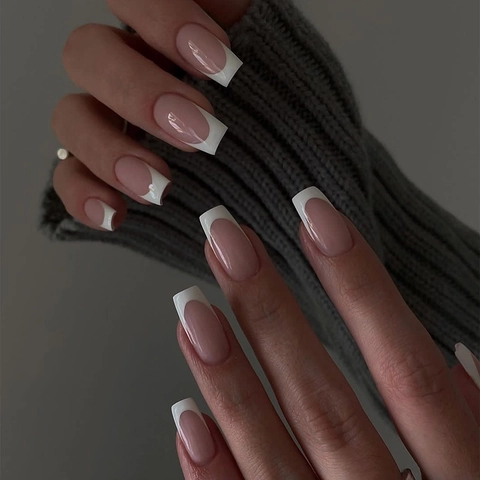 French Press On Nails Long Square Nude Pink And White Tips Plastic Removable Full Cover Fake Nails For Women