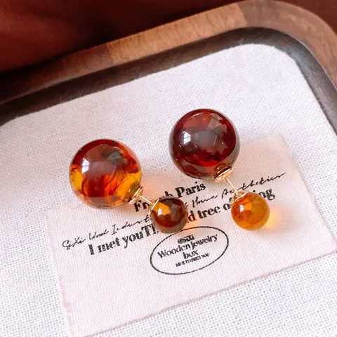 Double Ball Stud Earrings With Silver Earring Post Amber Resin Gold Plated Copper Retro Elegant For Women