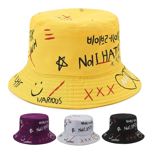 Graffiti Print Bucket Hat Baumwolle Streetwear Hip Hop Sonnenschutz Fischerhut Für Reisen Herren Damen