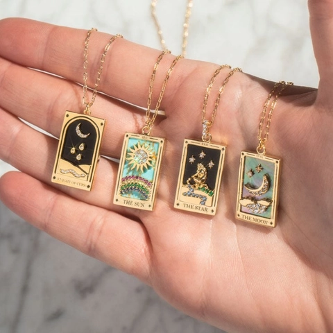 Tarot Card Pendant Necklace Retro Gold Plated Copper Enamel Zircon Rectangular Medallion Vintage Jewelry For Women