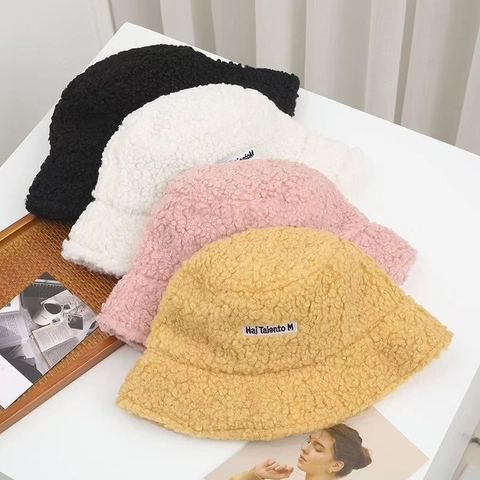 Women Winter Bucket Hat Faux Lamb Wool Warm Fleece Fisherman Cap Foldable Letter Patch Solid Color