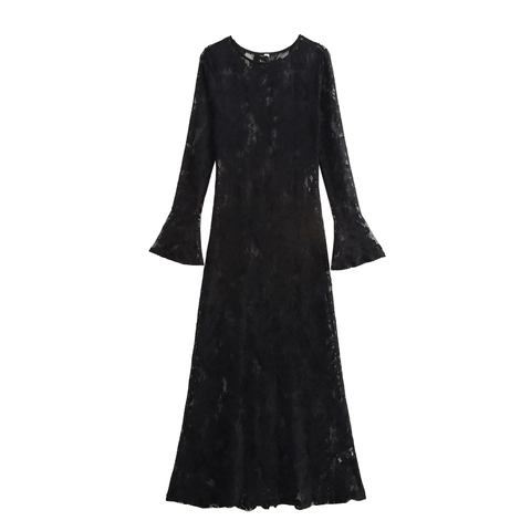 Elegant Black Lace Maxi Dress Long Flare Sleeve Round Neck Slim Fit Sexy Party Evening Dresses For Women