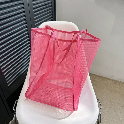 Mesh Tote Bag Large Capacity Transparent Nylon Net Shoulder Shopping Handbag For Beach Summer Casual Women Lightweight