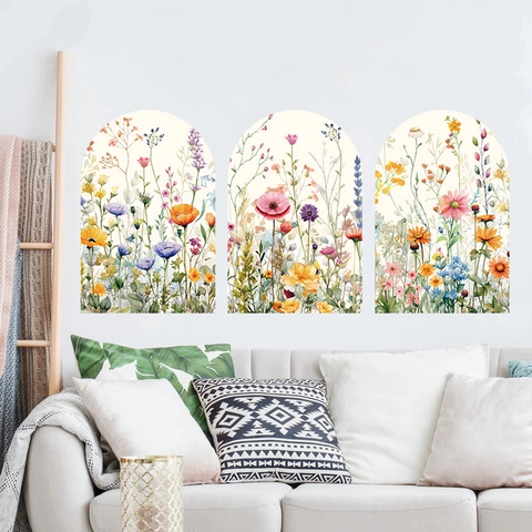Arched PVC Wall Stickers Self Adhesive Watercolor Floral Abstract Bohemian Landscape Home Decor Wall Decals