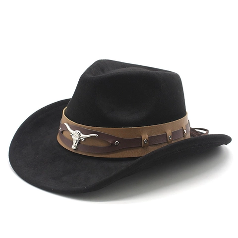 Western Cowboy Hat Faux Suede Wide Brim Metal Bull Head Vintage Retro Fedora Performance Accessory