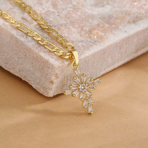 Women Gold Plated Copper Pendant Necklace Geometric Heart Star Cross With Zircon Paperclip Figaro Chain Jewelry