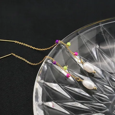 Handmade 925 Sterling Silver Freshwater Pearl Ear Threaders For Women Gold Plated Colorful Beads Long Drop Earrings Jewelry