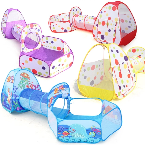 Tenda Da Gioco Tunnel E Piscina Con Palline Per Bambini Pieghevole Poliestere Portatile Interno Esterno Tema Oceano