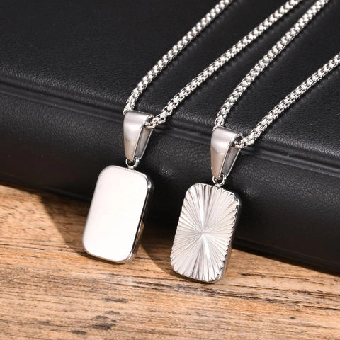 Stainless Steel Rectangle Sunburst Pendant Necklace For Men Women Gold Silver Black Minimalist Geometric Fashion Jewelry