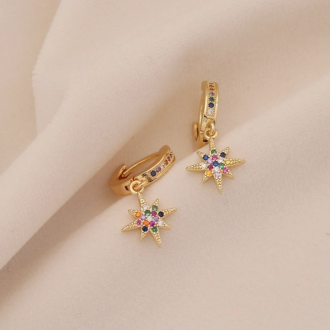 Copper Hoop Earrings Micropave Colorful Cubic Zirconia Star Moon Hamsa Cherry Charms Boho Gold Plated Jewelry For Women