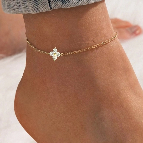 Elegant Four Leaf Clover Flower Anklet For Women Gold Plated Brass Cubic Zirconia Adjustable Foot Chain Jewelry