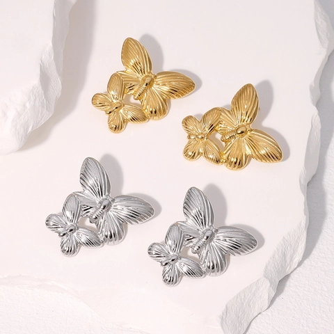 Pendientes Vintage De Doble Mariposa Poste De Acero Inoxidable Chapado En Oro De 18K Ala Texturizada Mujer No Se Empana