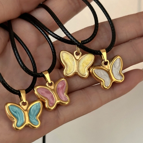 Vintage Butterfly Pendant Necklace Titanium Steel Gold Plated Enamel Charm Jewelry With Black Cord For Women Fashion
