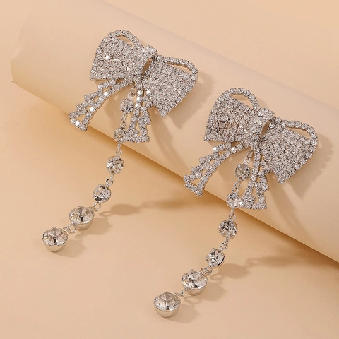 Pendientes Colgantes Lazo Borla Aleación Brillantes Con Poste De Plata Esterlina 925 Moda Elegante Mujeres
