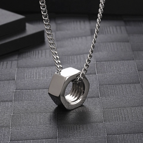 Industrial Nut Pendant Necklace Titanium Steel Silver Hexagon Bolt Minimalist Punk Jewelry For Men Women Unisex