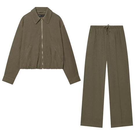 Damen Casual Vintage Cordjacke und Weites Bein Hose Set Einfarbig Reißverschluss Top Hohe Taille Kordelzug Zweiteiler Hose Set